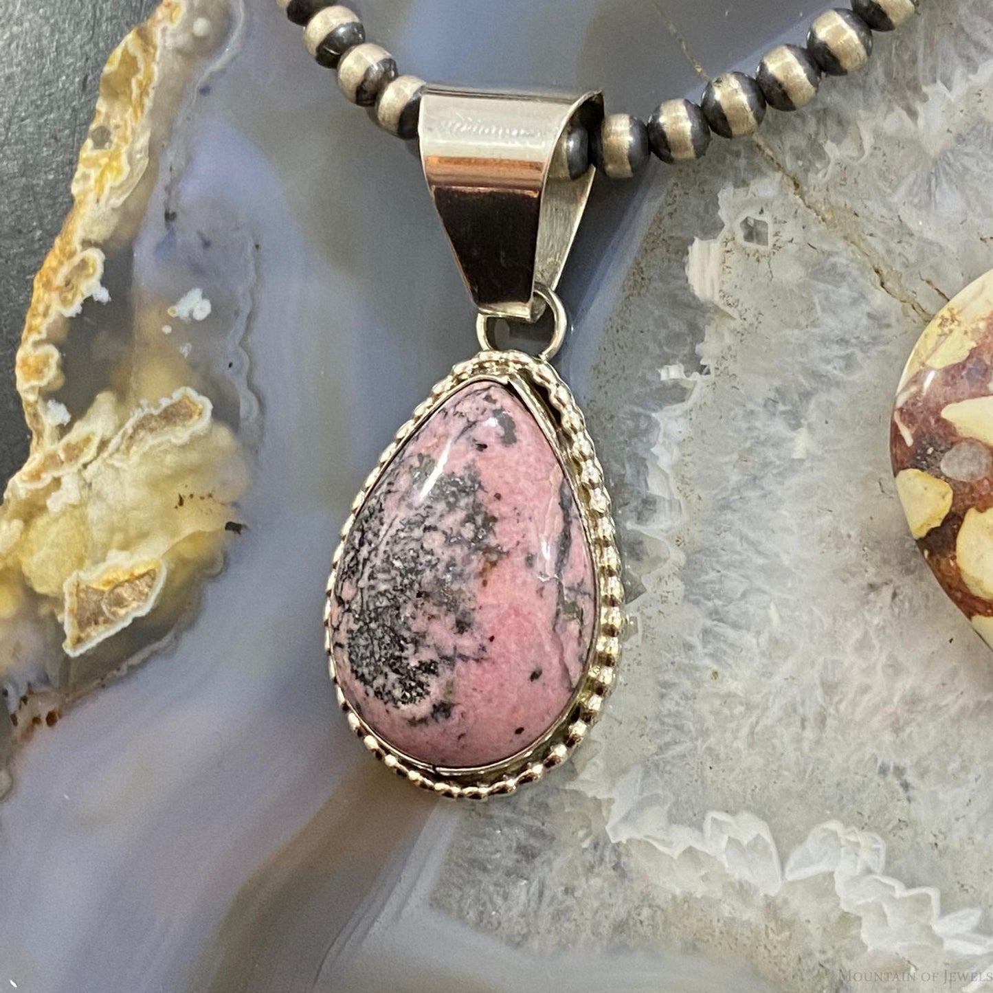 Native American Sterling Silver Rhodonite Teardrop Decorated Pendant For Women