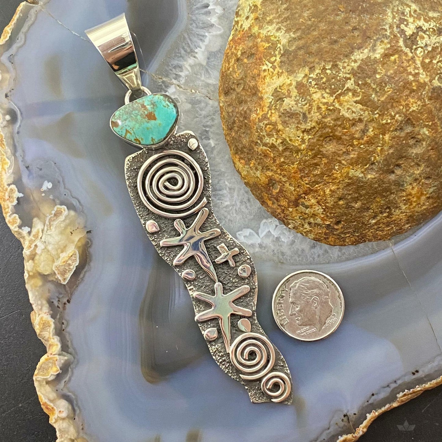Alex Sanchez Sterling Silver Petroglyph & Turquoise Long Unisex Pendant