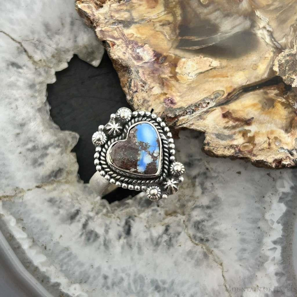 Sterling Silver Southwestern Style Heart Golden Hill Turquoise Adjustable Ring For Women