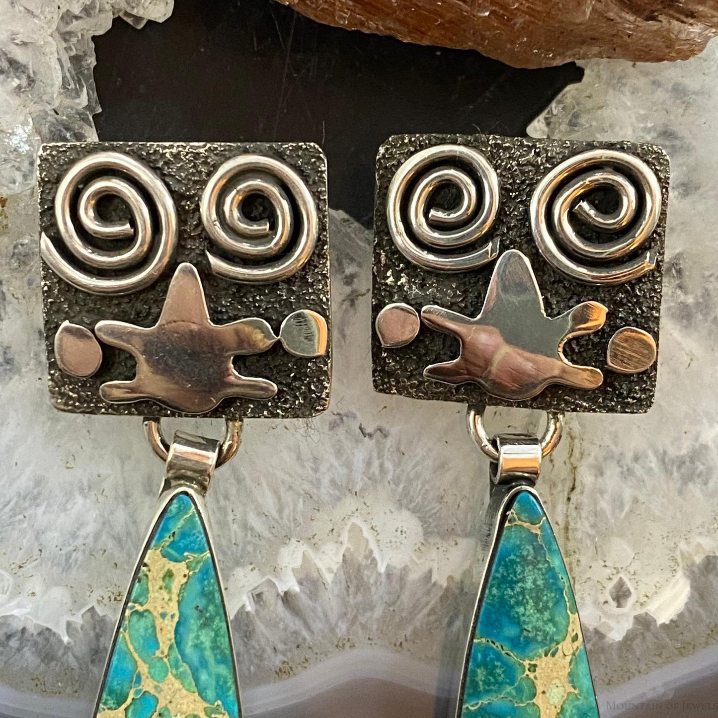 Alex Sanchez Native American Sterling Silver Blue Sediment Petroglyph Dangle Earrings For Women