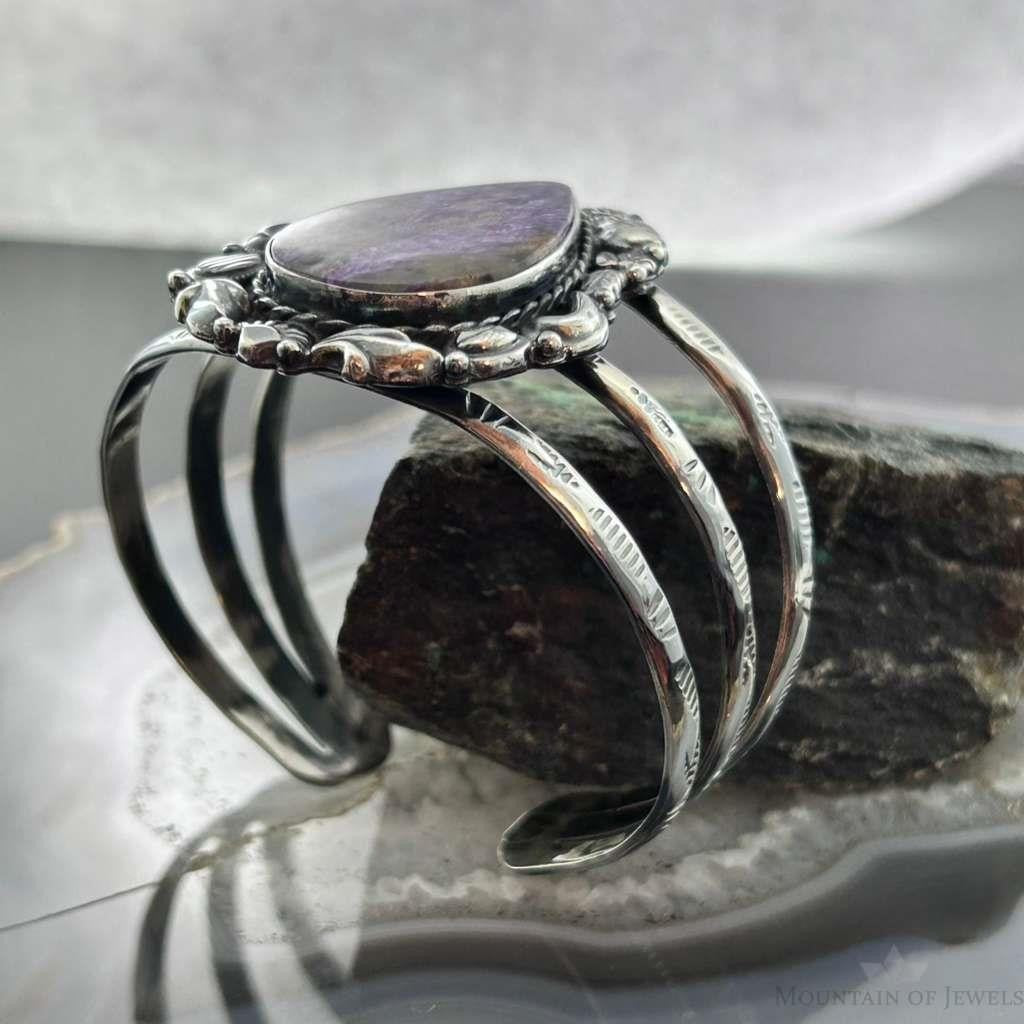 Sterling Silver Southwestern Style Teardrop Charoite Decorated Bracelet For Women