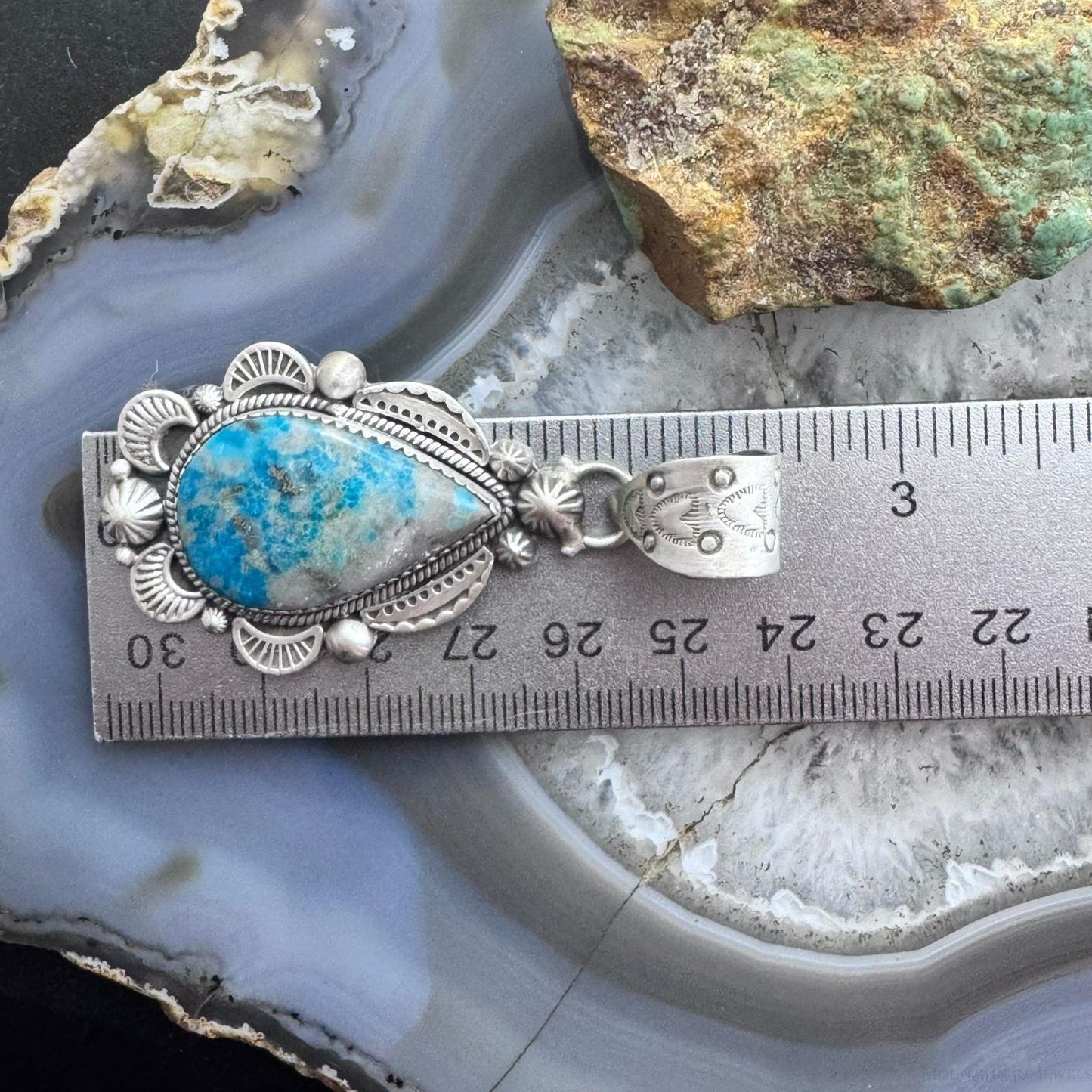 Sterling Silver Southwestern Style Teardrop Iranian Turquoise Decorated Pendant For Women