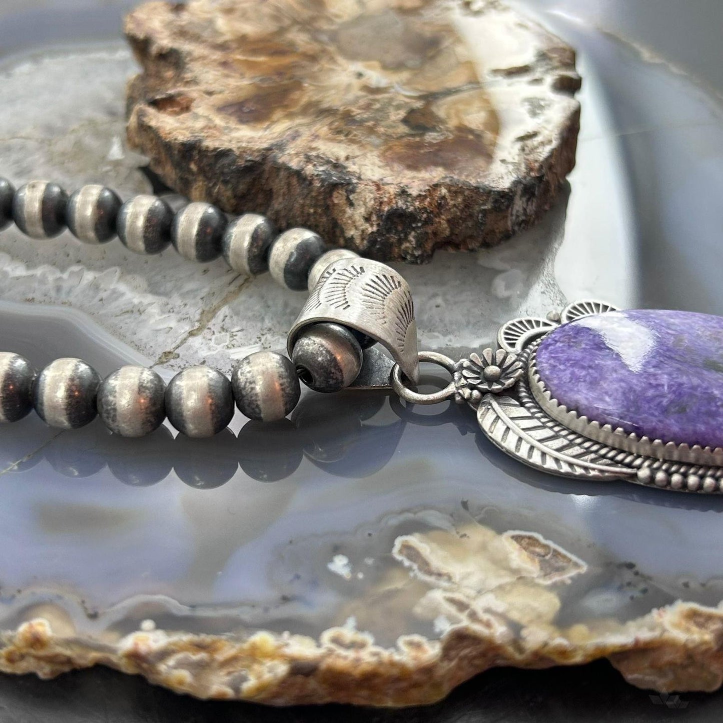 Sterling Silver Southwestern Style Oval Charoite Leaf Decorated Pendant For Women