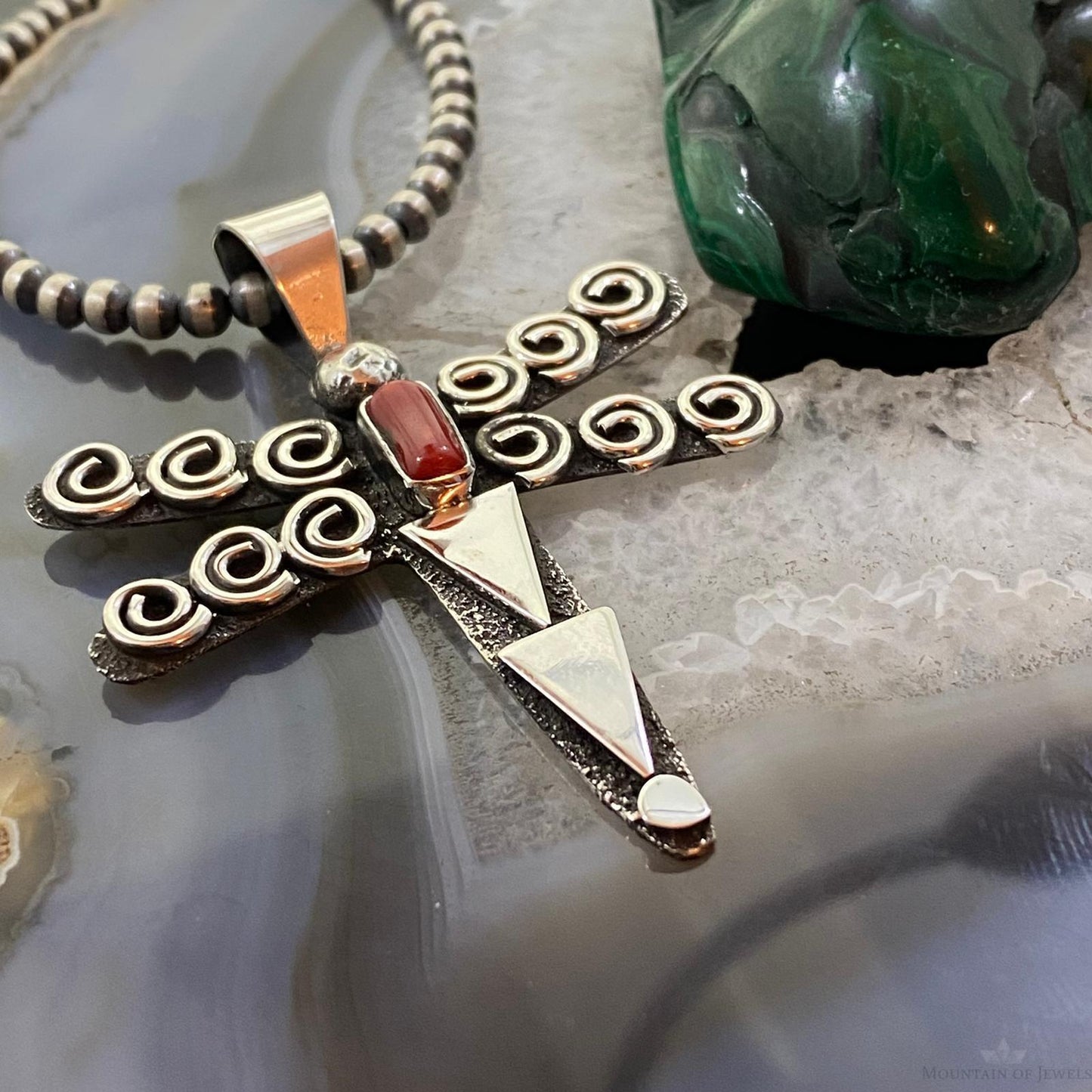 Alex Sanchez Sterling Silver Petroglyph & Coral Dragonfly Unisex Pendant #2