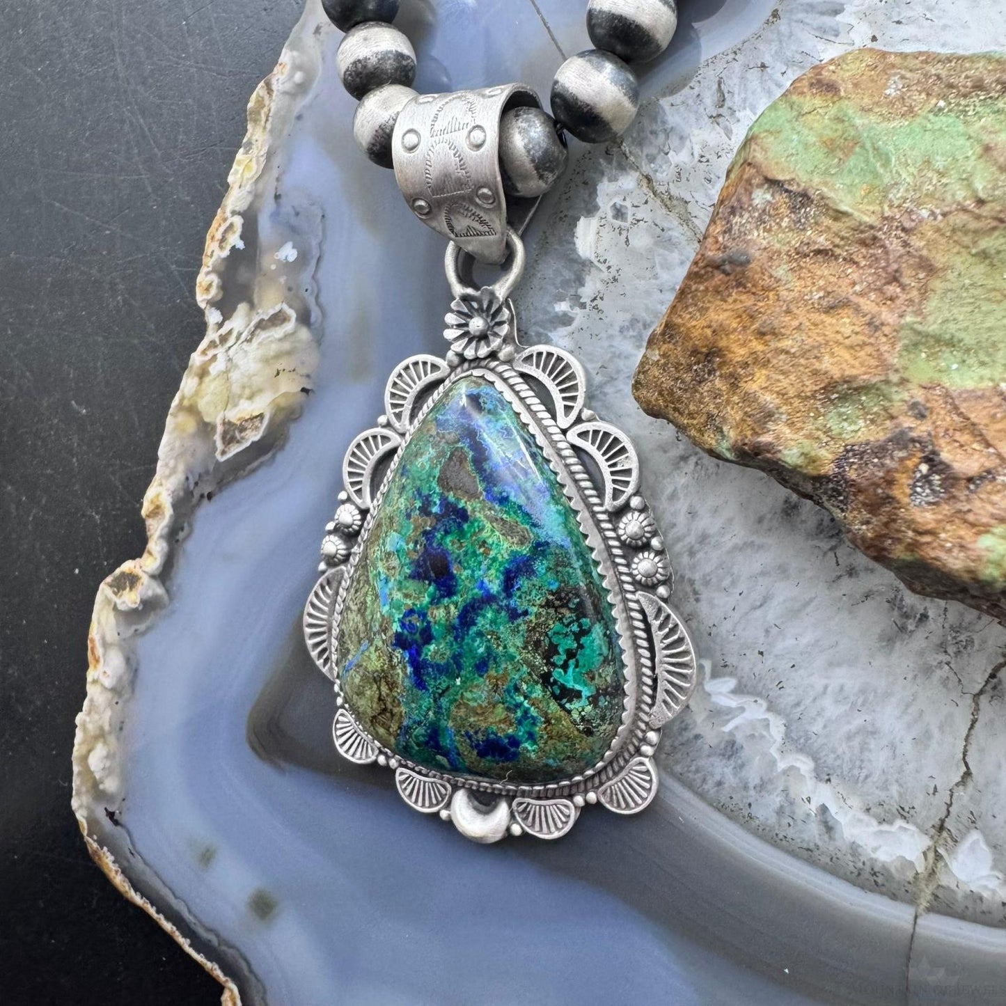 Sterling Silver Southwestern Style Teardrop Chrysocolla Decorated Pendant For Women