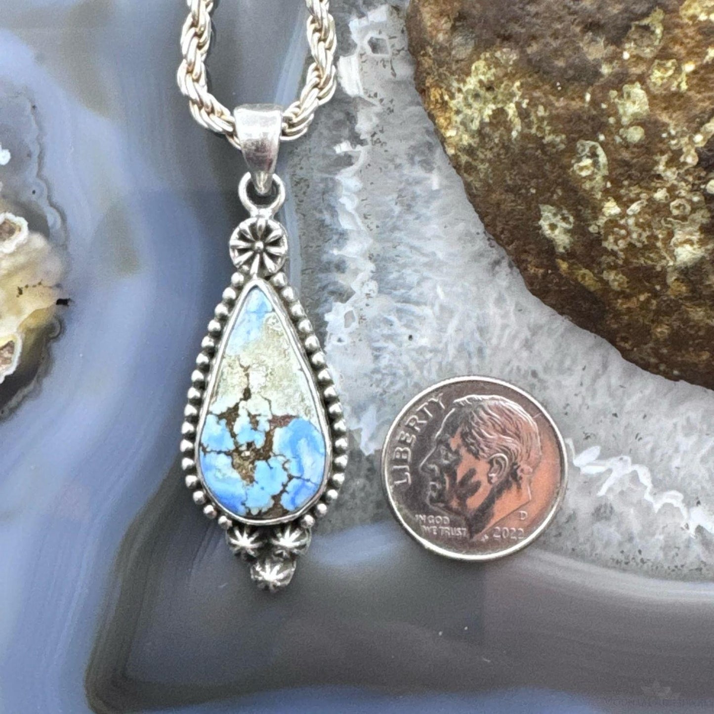 Sterling Silver Southwestern Style Teardrop Golden Hill Turquoise Pendant For Women