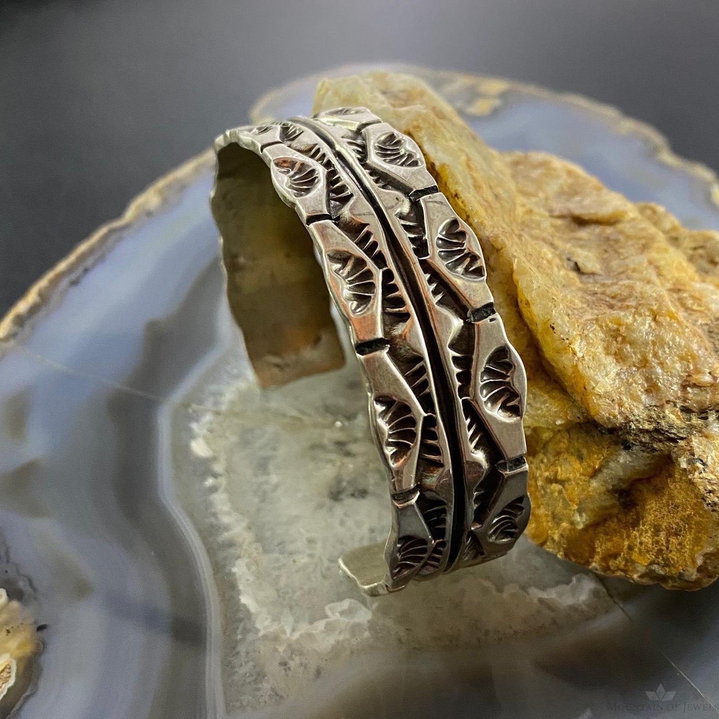Signed Frank Native American Sterling Silver Stamped Bracelet For Men