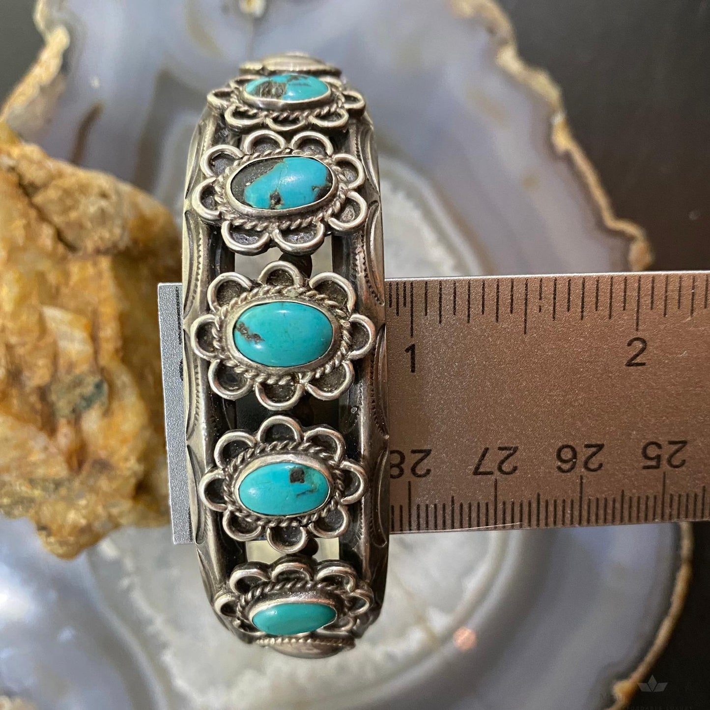 Vintage Native American Silver Oval Turquoise Floral Bracelet For Women