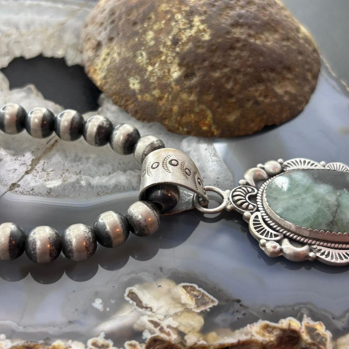 Sterling Silver Southwestern Style Oval Emerald Decorated Pendant For Women #1