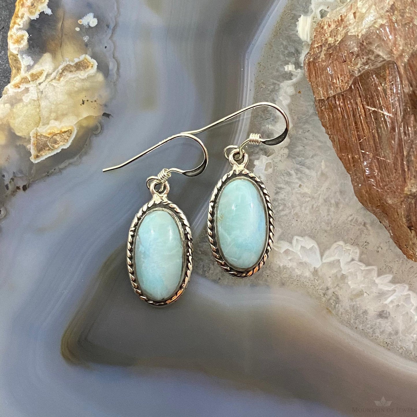Native American Sterling Silver Oval Larimar Dangle Earrings For Women