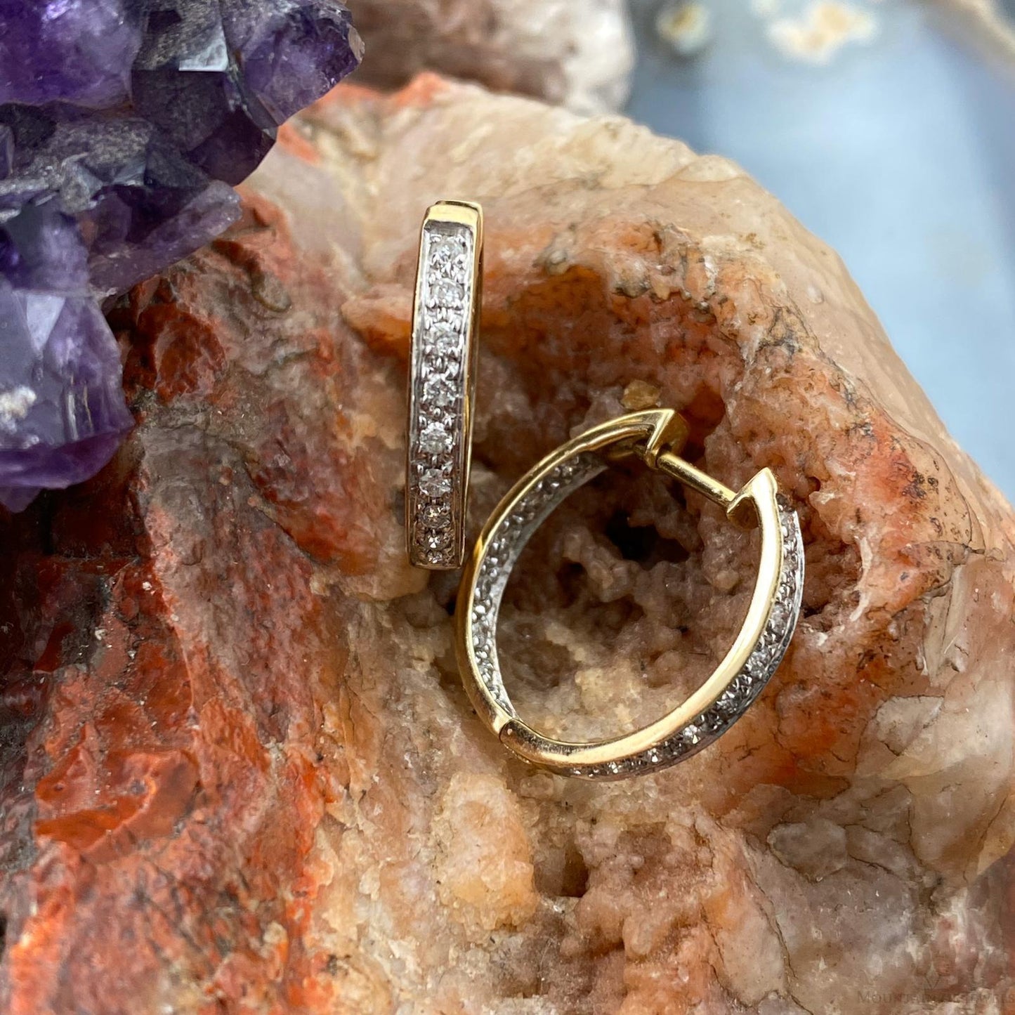 14K Two Tone Gold Diamonds Hugs Hoop Earrings For Women