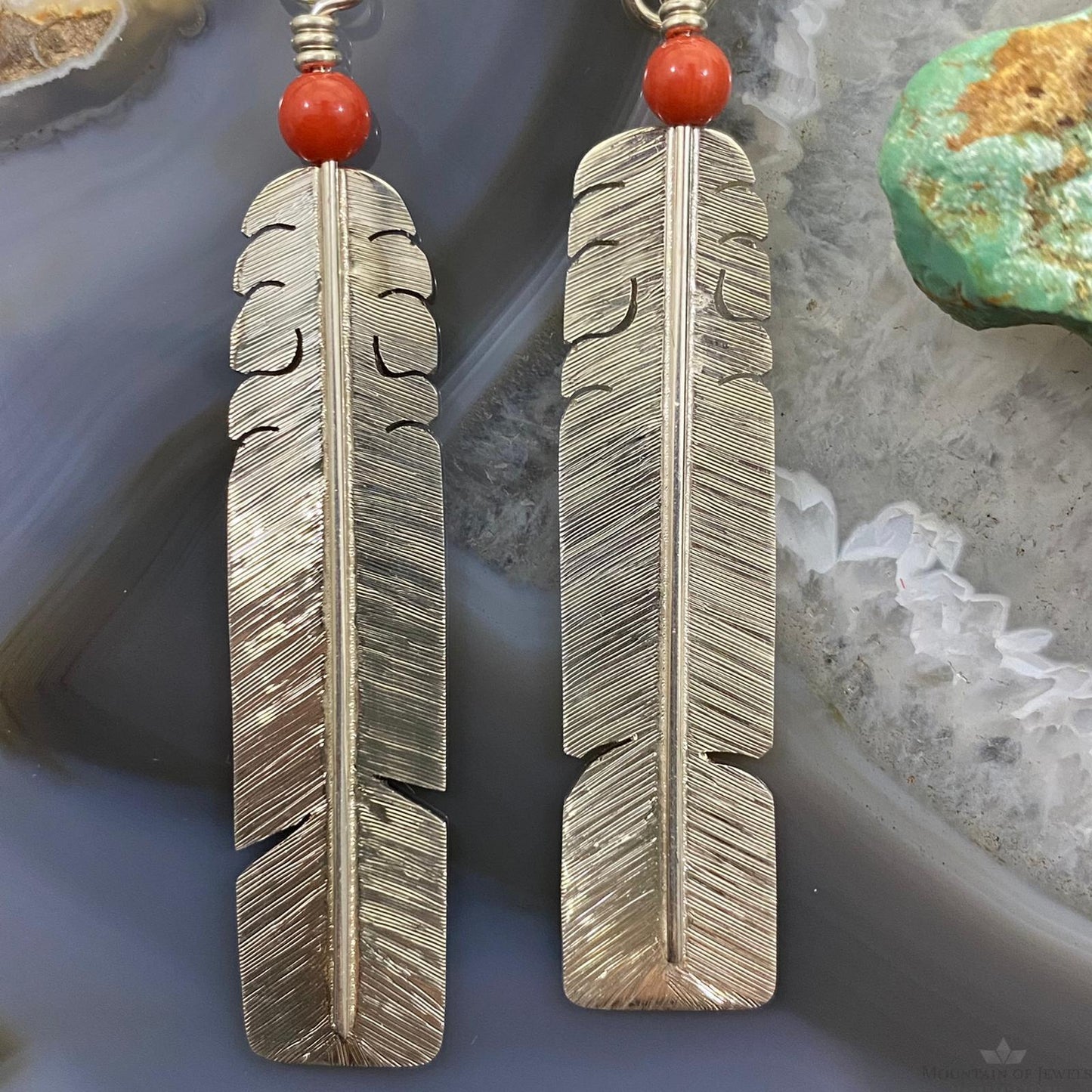 David Kuticka Native American Sterling Silver Feather w/Coral Dangle Earrings #1