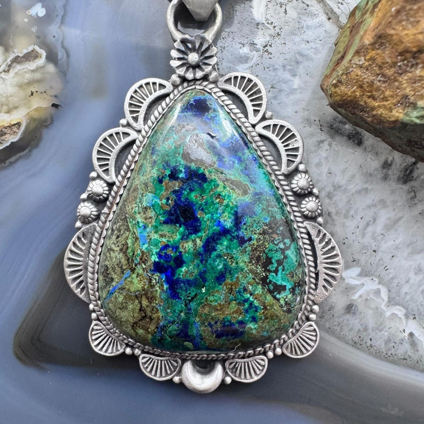 Sterling Silver Southwestern Style Teardrop Chrysocolla Decorated Pendant For Women