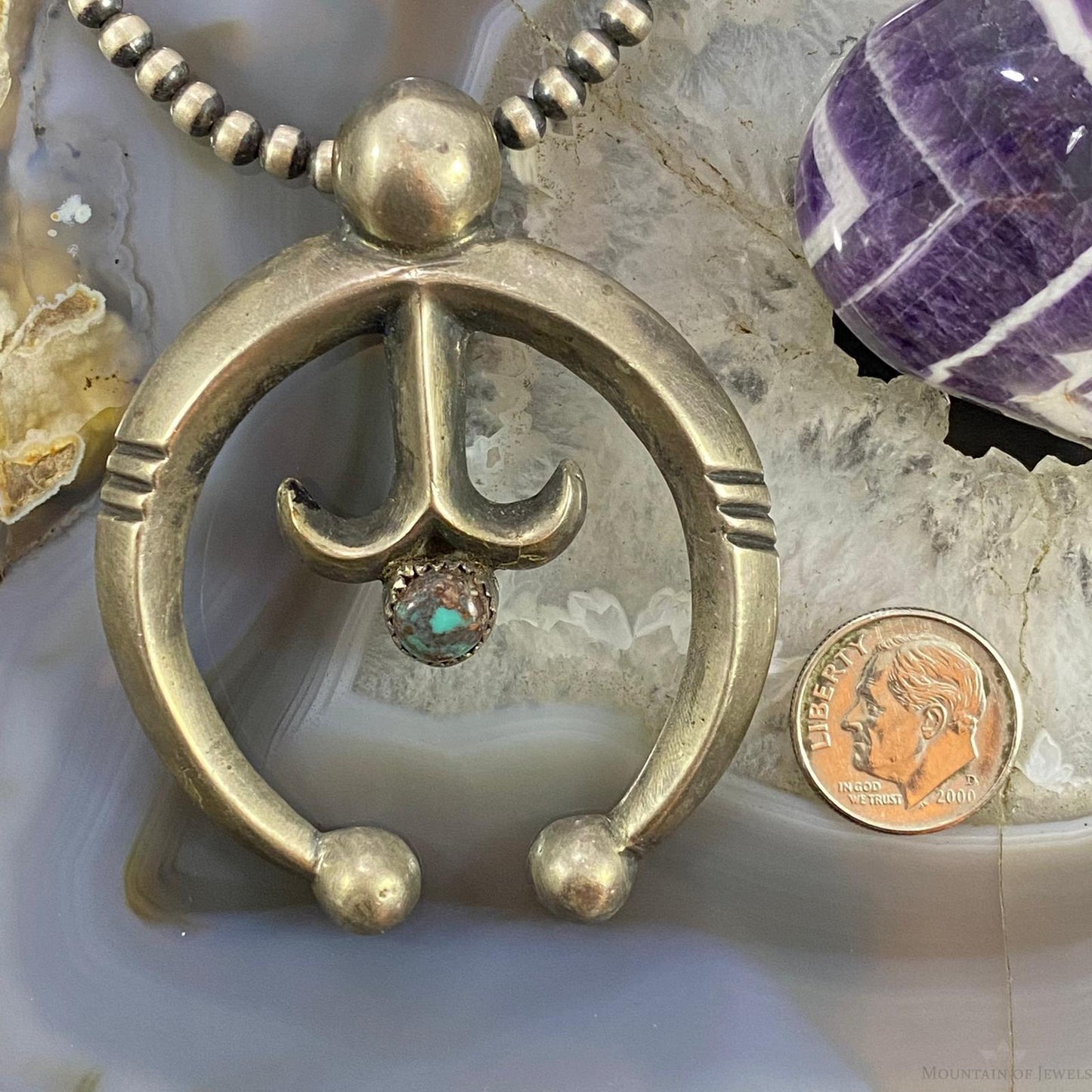 Vintage Signed Native American Sterling & Turquoise Sandcast Unisex Naja Pendant