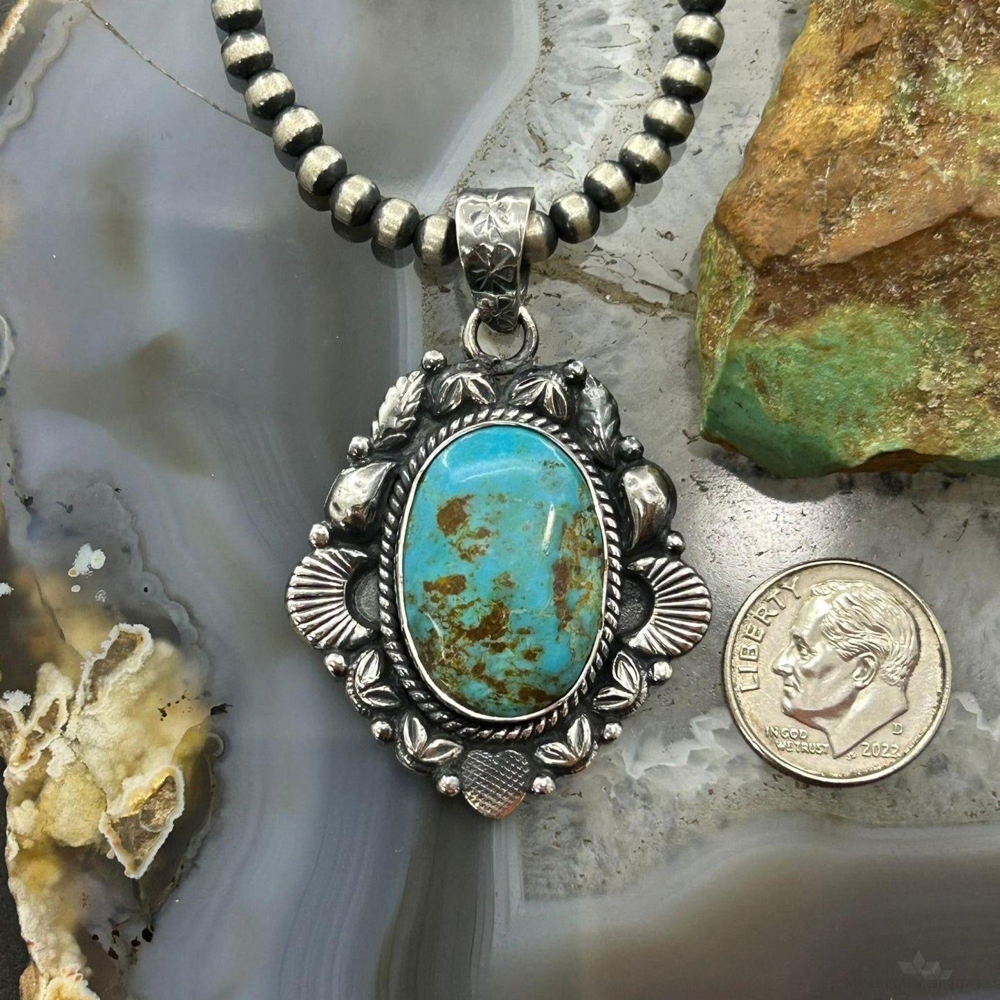 Sterling Silver Southwestern Style Oval Turquoise Decorated Pendant For Women #2