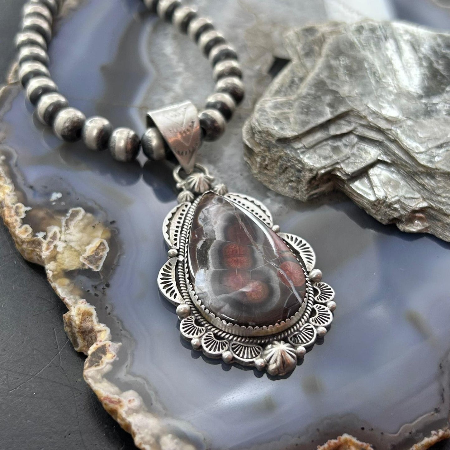 Sterling Silver Southwestern Style Teardrop Peanut Obsidian Pendant For Women