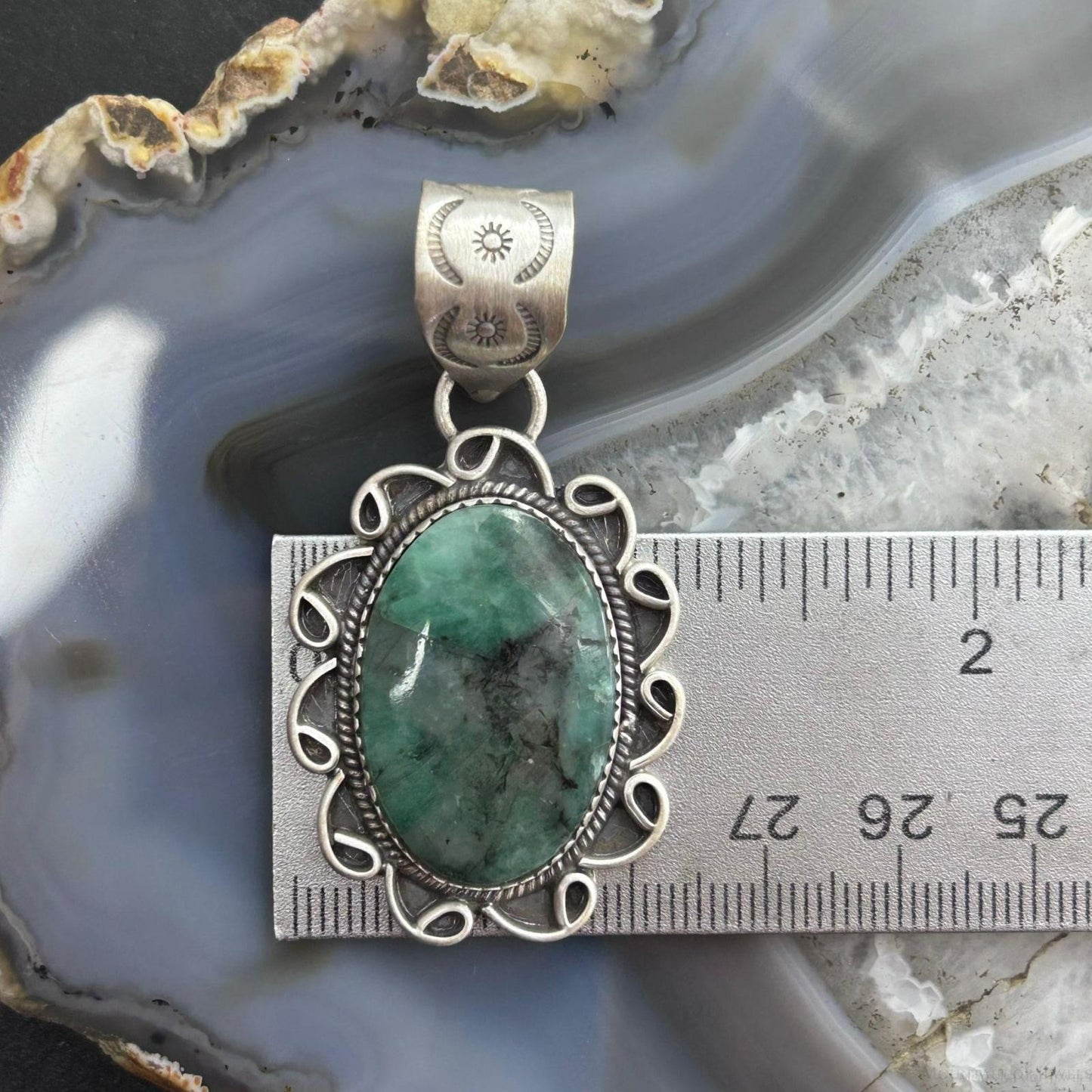 Sterling Silver Southwestern Style Oval Emerald Decorated Pendant For Women