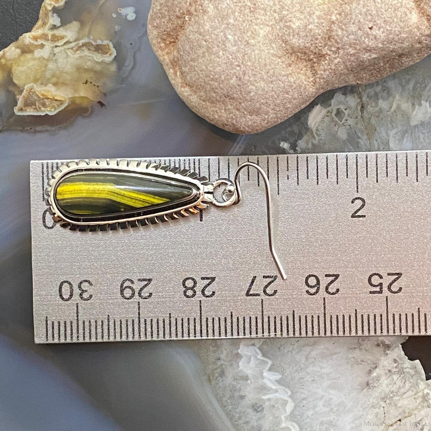 Native American Sterling Silver Teardrop Unique Bumblebee Jasper Dangle Earrings