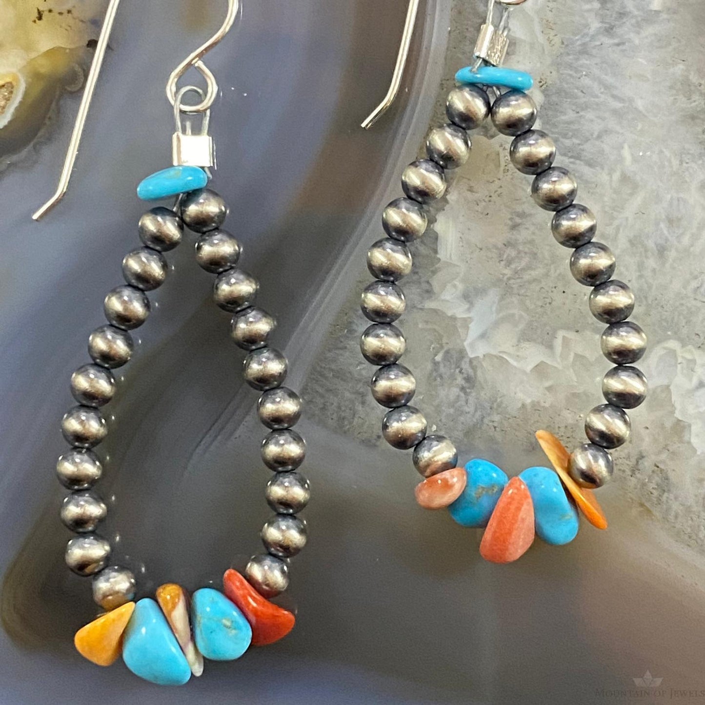 Navajo Pearl, Coral & Turquoise Beads 3mm Sterling Teardrop Dangle Earrings