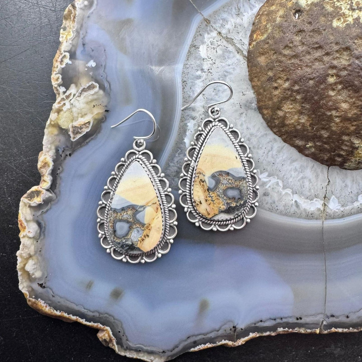 Sterling Silver Southwestern Style Teardrop Maligano Jasper Dangle Earrings For Women