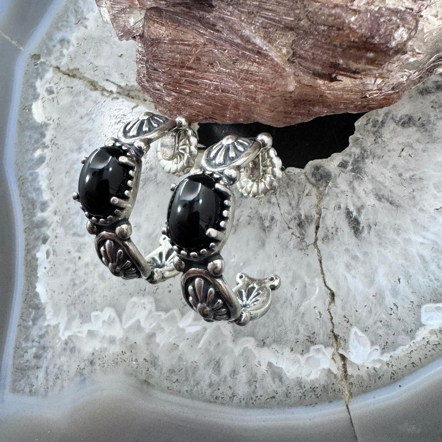 Carolyn Pollack Sterling Silver Oval Onyx Half Moon Hoop Earrings For Women