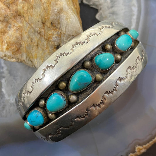 Rayna Platero Secatero Vintage Native American Silver Shadow Box Turquoise Tapered Bracelet For Women