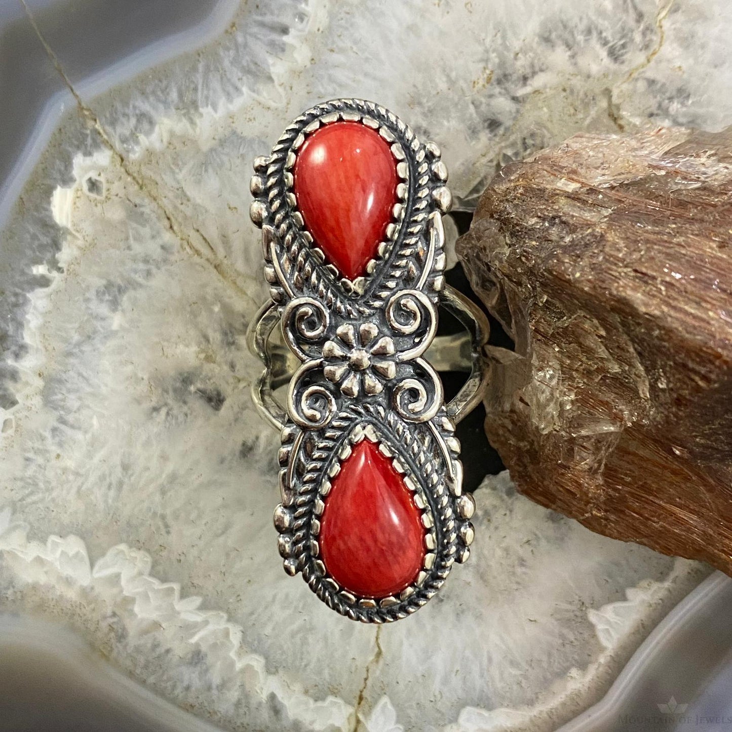 Carolyn Pollack Southwestern Style Sterling Silver 2 Pear Red Jasper Decorated Ring For Women