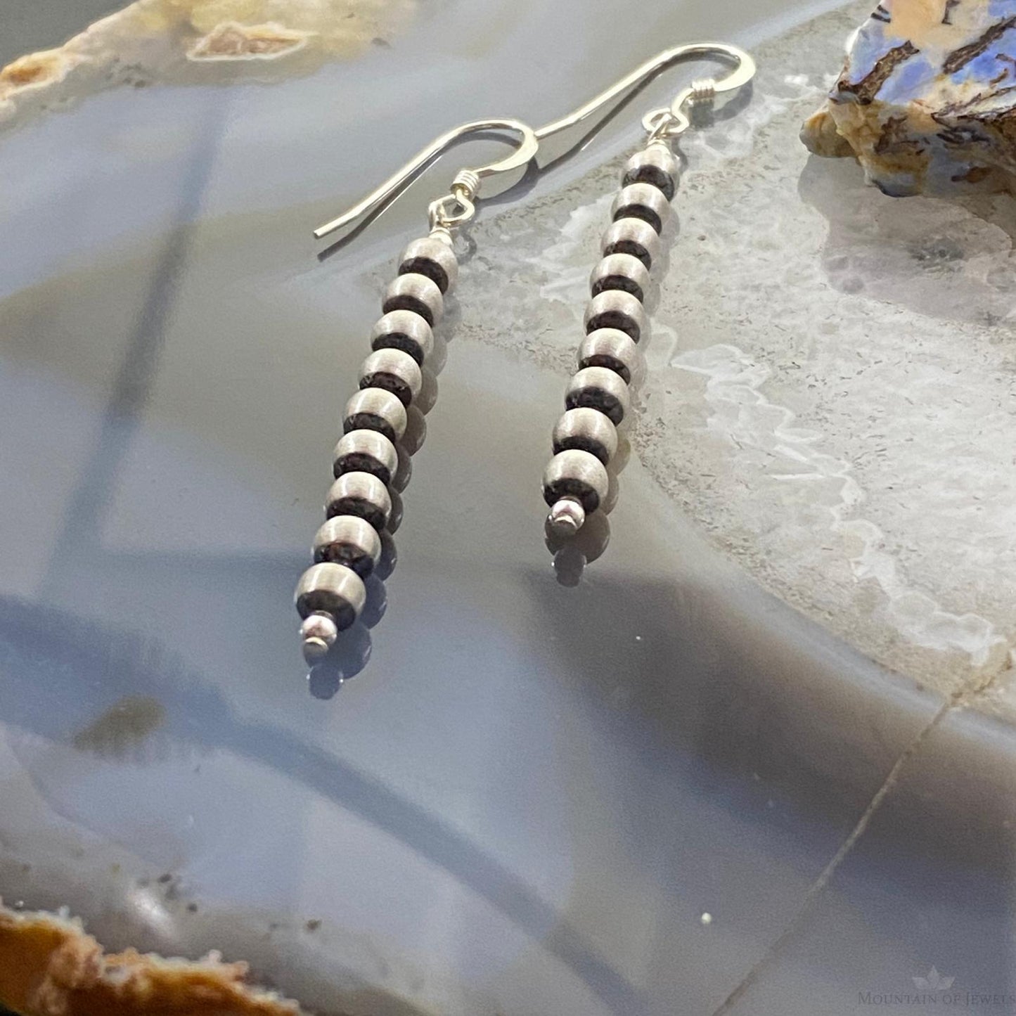 Navajo Pearl Beads Sterling Silver Row Dangle Earrings For Women