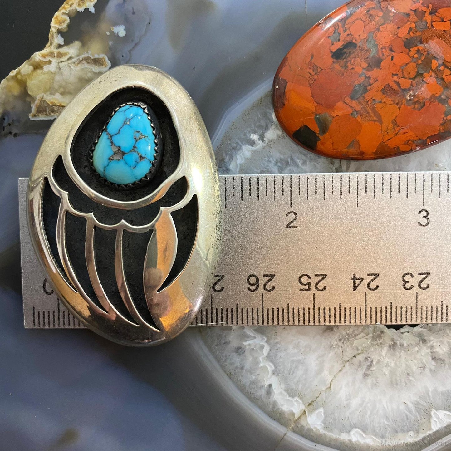 Vintage Native American Silver Turquoise Shadowbox Bear Claw Brooch For Women