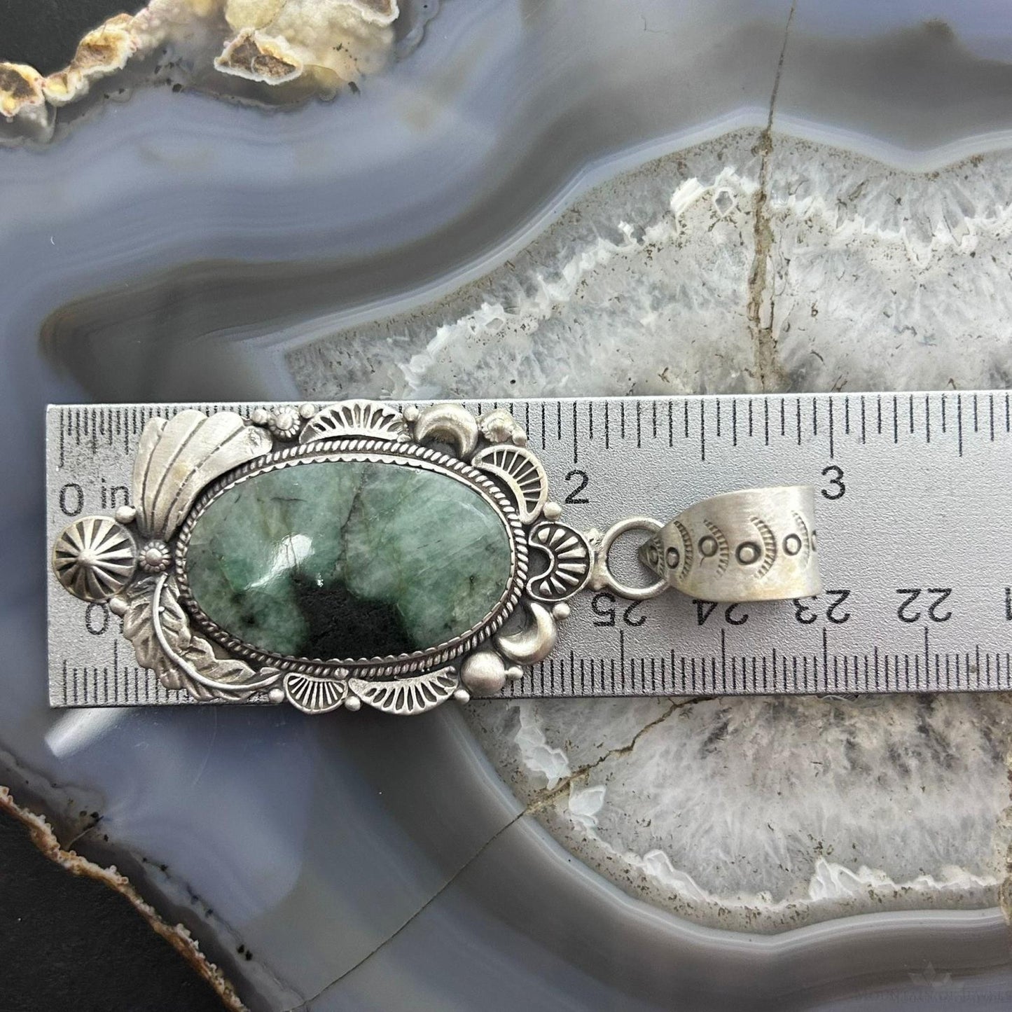Sterling Silver Southwestern Style Oval Emerald Decorated Pendant For Women #1