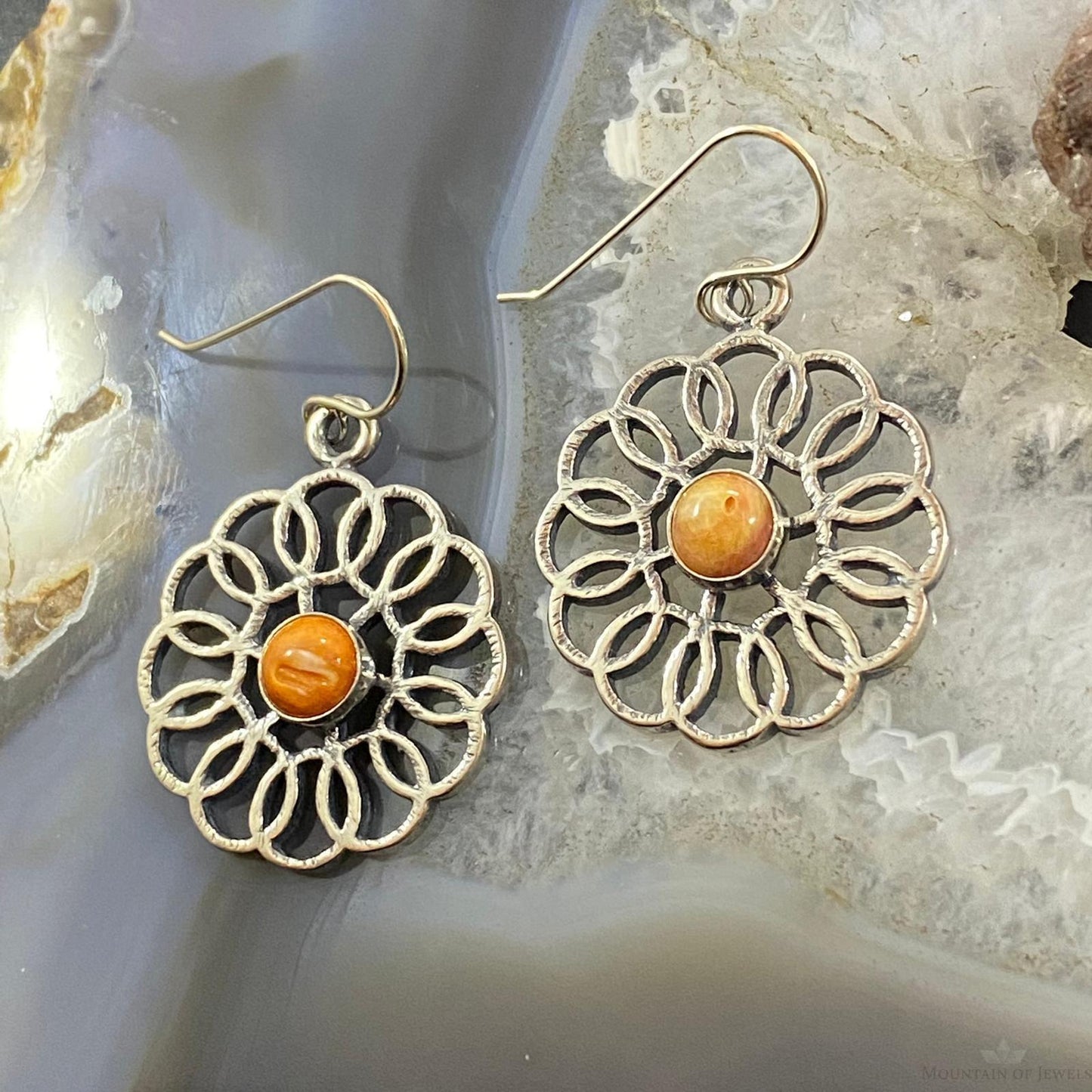 Sterling Silver Round Spiny Oyster Flower Fashion Dangle Earrings For Women