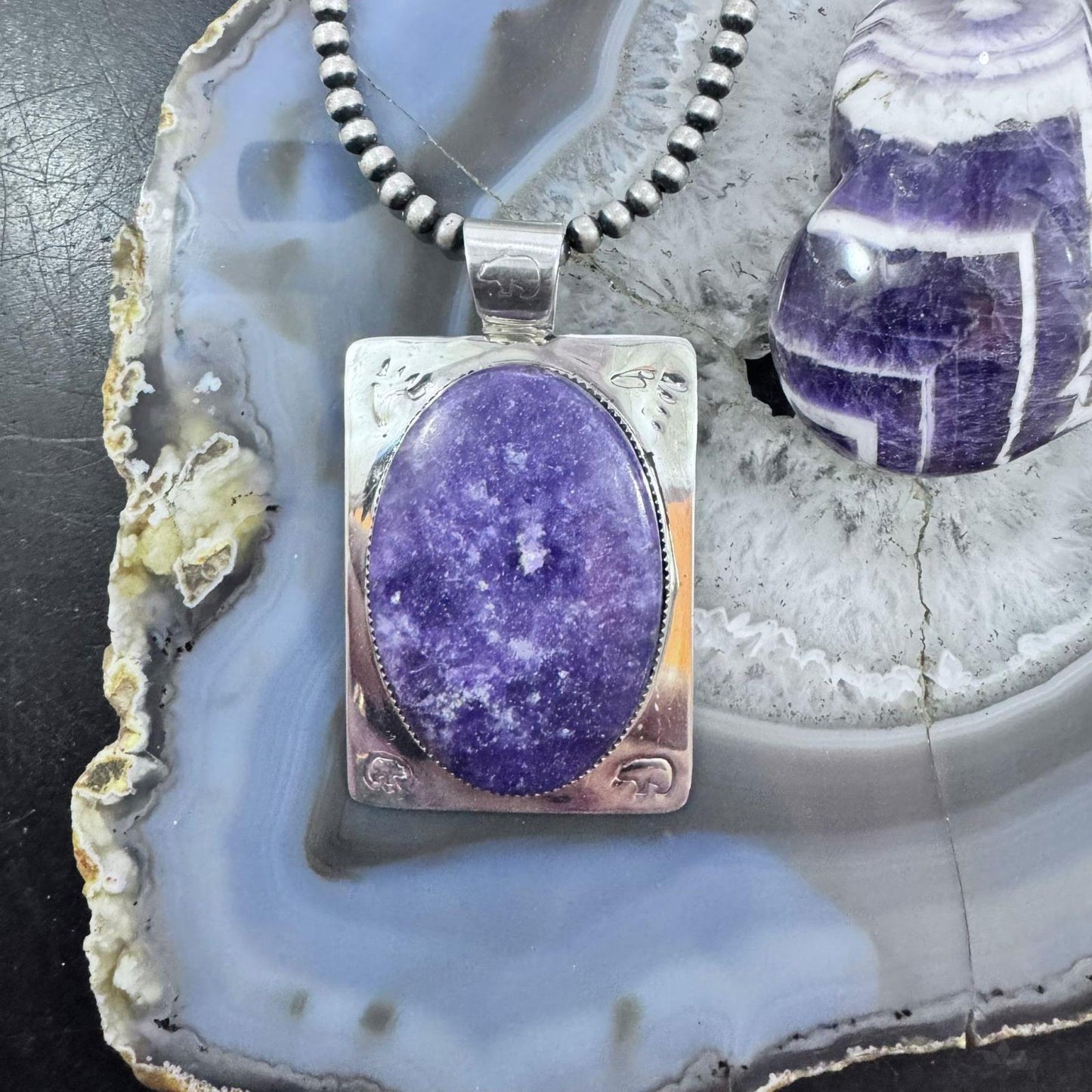 Frank Chavez Native American Sterling Silver Oval Charoite Unisex Pendant