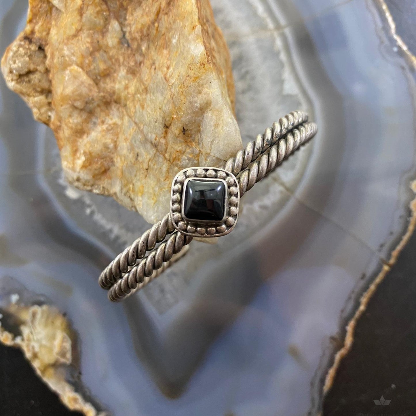 Vintage Native American Silver Square Onyx Double Coil Bracelet For Women