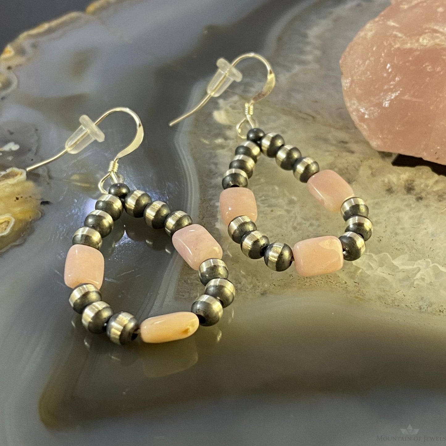 Navajo Pearl Beads & Peruvian Opal 4mm Sterling Silver Hoop Dangle Earrings