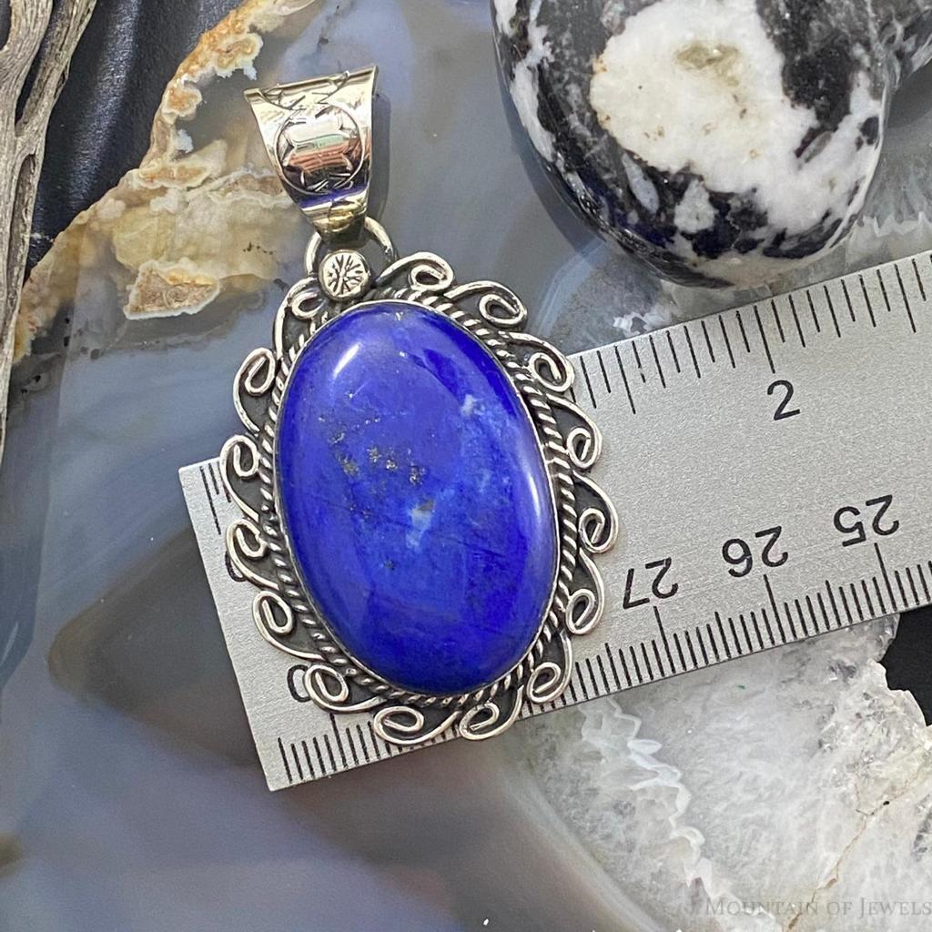 Gilbert Nez Navajo Sterling Silver Oval Decorated Lapis Pendant For Women