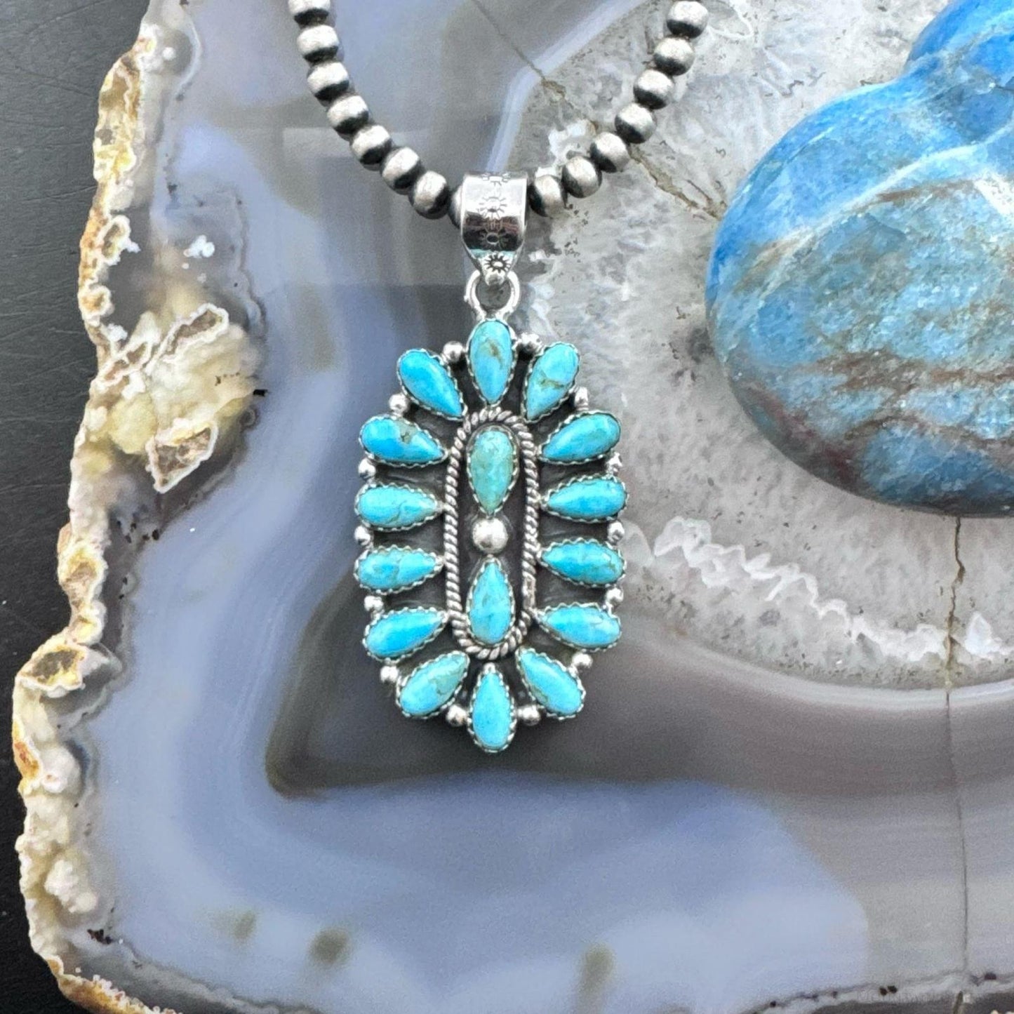 Sterling Silver Southwestern Style Turquoise Decorated Cluster Pendant For Women