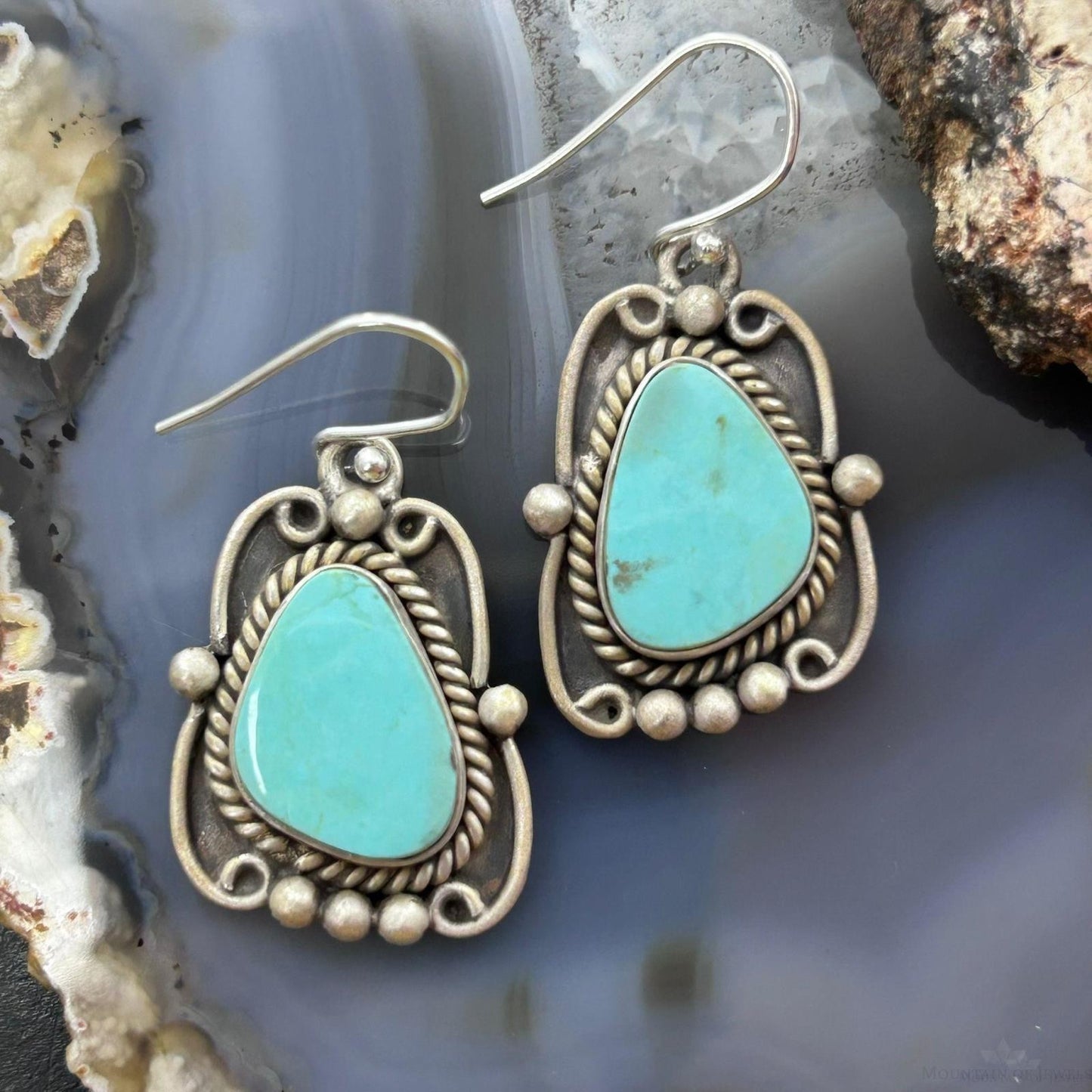 Sterling Silver Southwestern Style Turquoise Decorated Dangle Earrings For Women #1