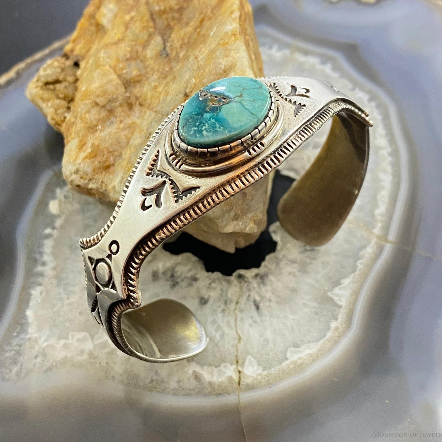 Leonard Gene Vintage Sterling Silver Overlay Oval Turquoise Bracelet For Women