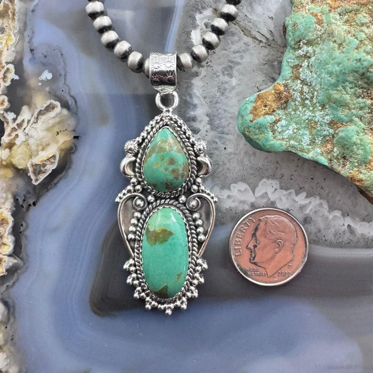 Sterling Silver Southwestern Style Long Turquoise Decorated Pendant For Women