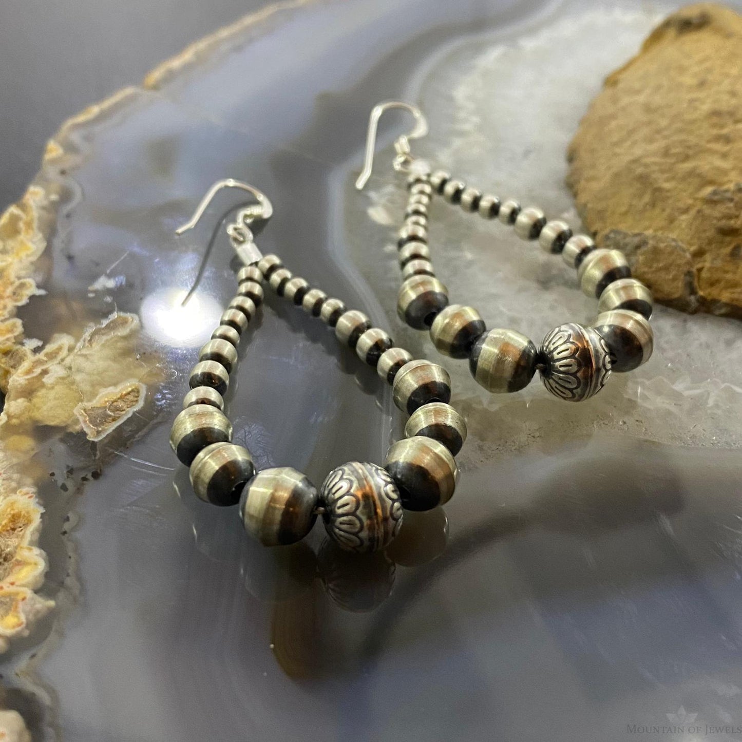 Navajo Pearl Bead Graduated 3-7 mm Sterling Hoop Dangle Earrings For Women