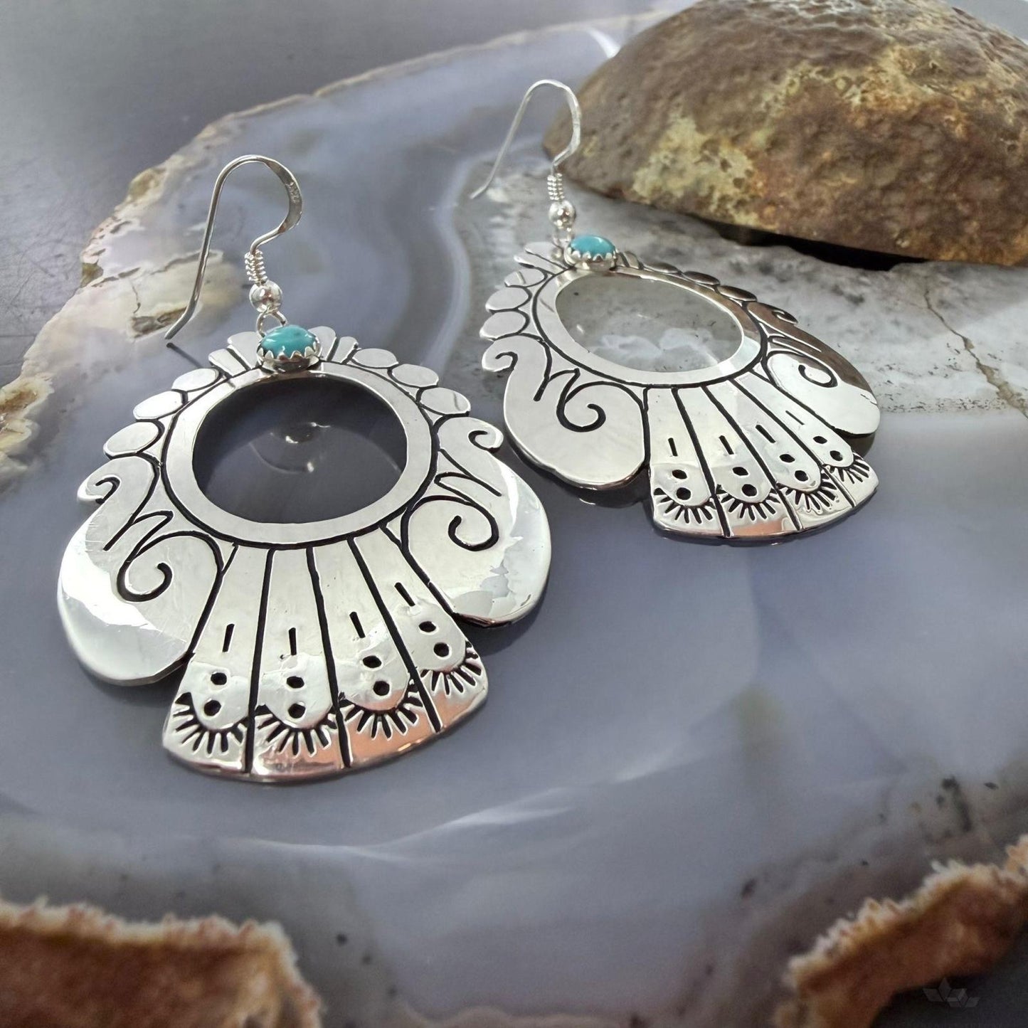 Tommy & Rosita Singer Sterling Silver Turquoise Dot Engraved Dangle Earrings For Women