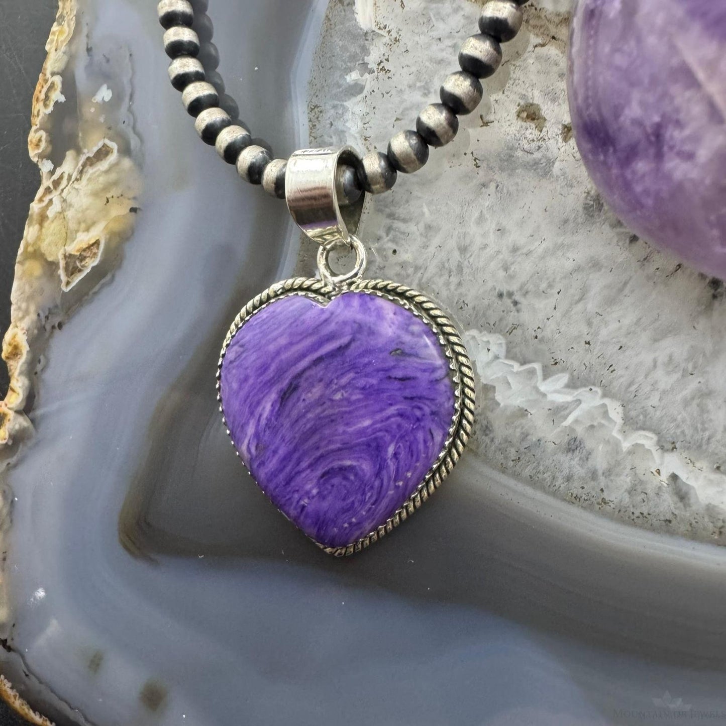 Sterling Silver Southwestern Style Charoite Heart Shape Pendant For Women