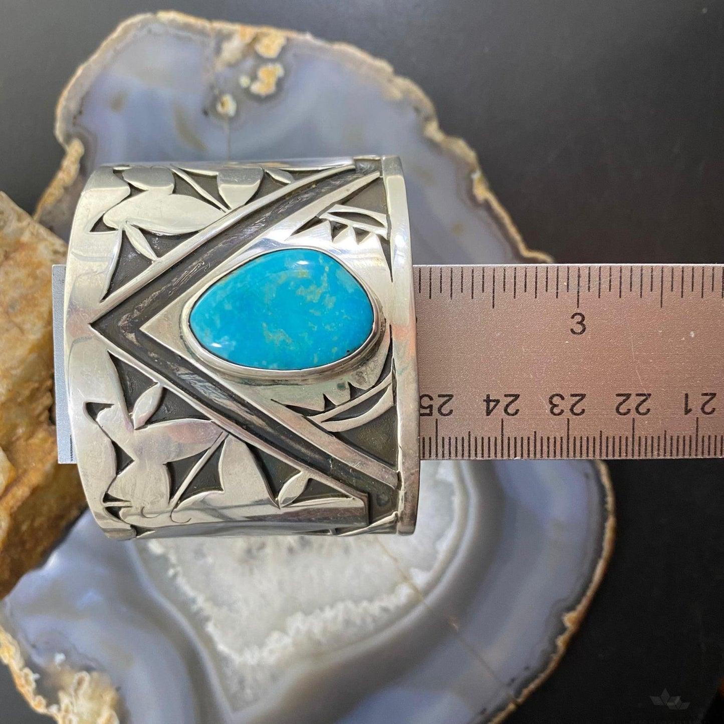 Signed Native American Sterling Turquoise Wide Overlay Cuff Bracelet For Women