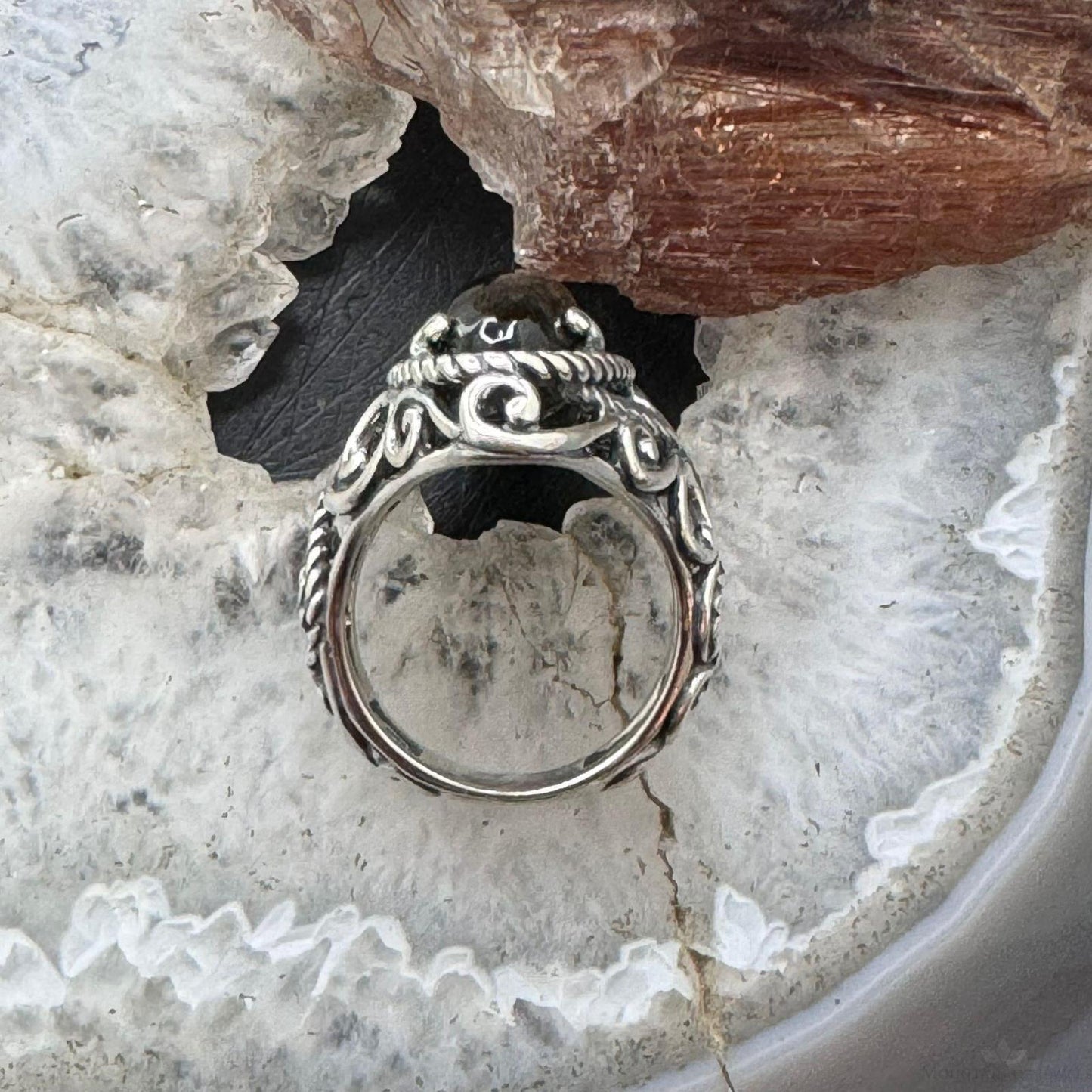 Carolyn Pollack Sterling Silver Elongated Oval Smoky Quartz Decorated Ring For Women