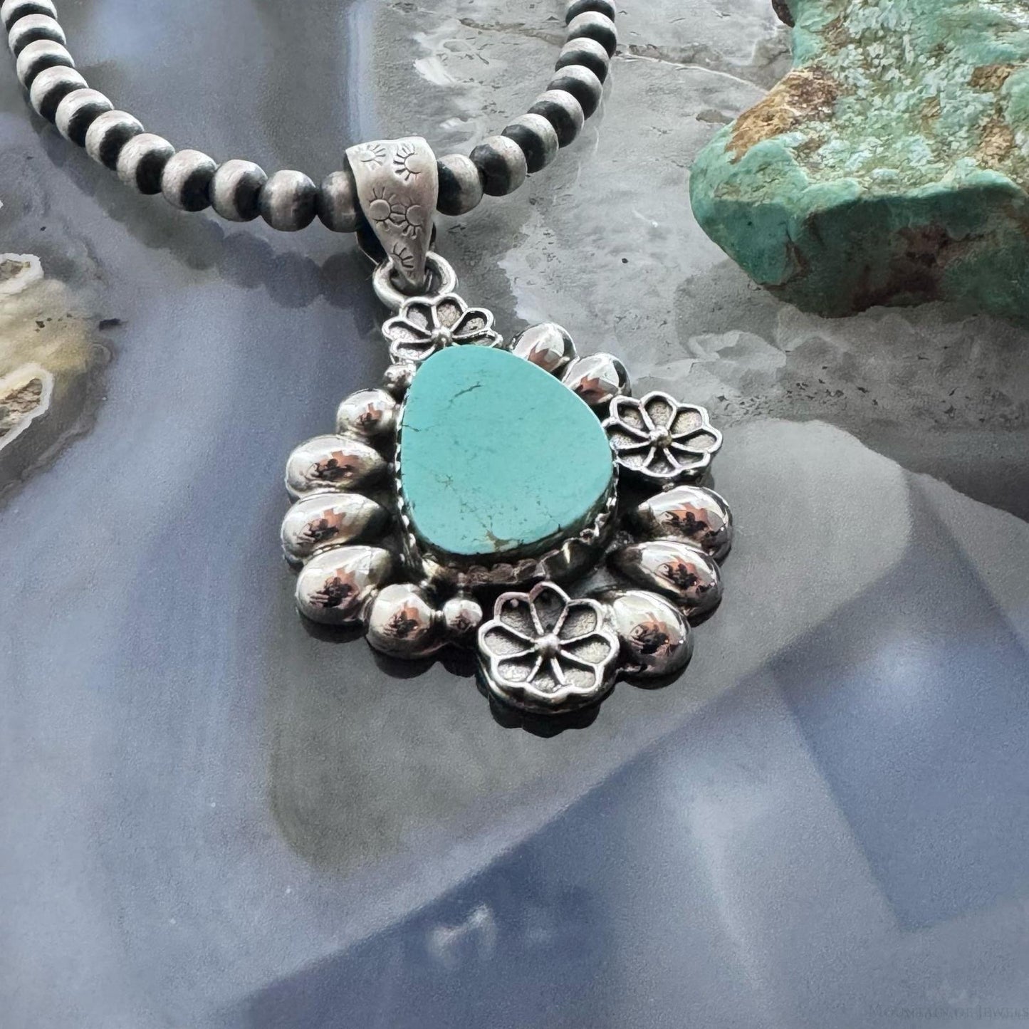 Sterling Silver Southwestern Style Teardrop Turquoise Decorated Pendant For Women