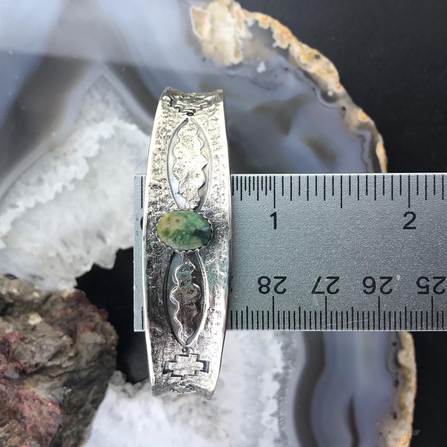 Native American Sterling Silver Textured Stamped Turquoise Solid Cuff Bracelet