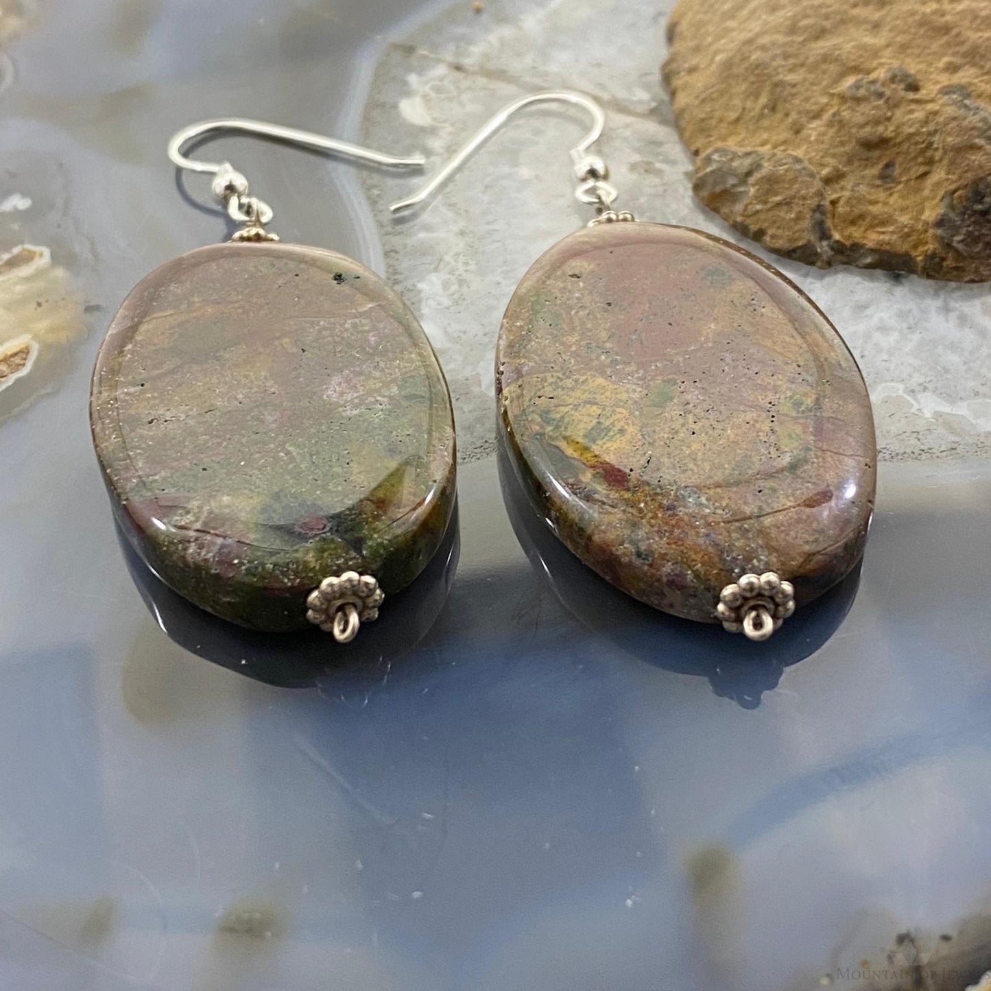 Sterling Silver Oval Bloodstone Agate Slab Dangle Earrings For Women #104