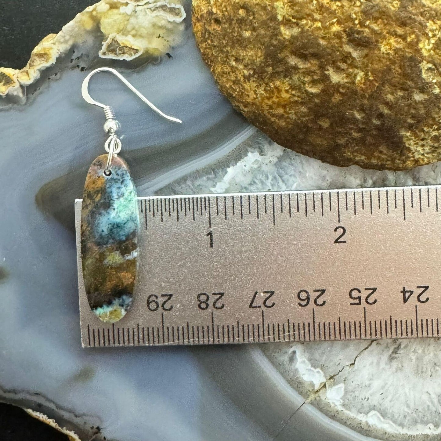 Sterling Silver Elongated Oval Chrysocolla Slab Dangle Earrings For Women #354