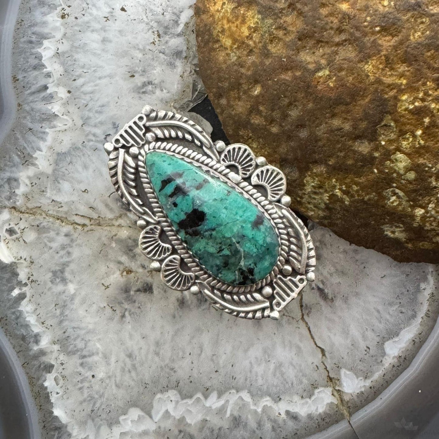 Sterling Silver Southwestern Style Teardrop Turquoise Decorated Adjustable Ring For Women