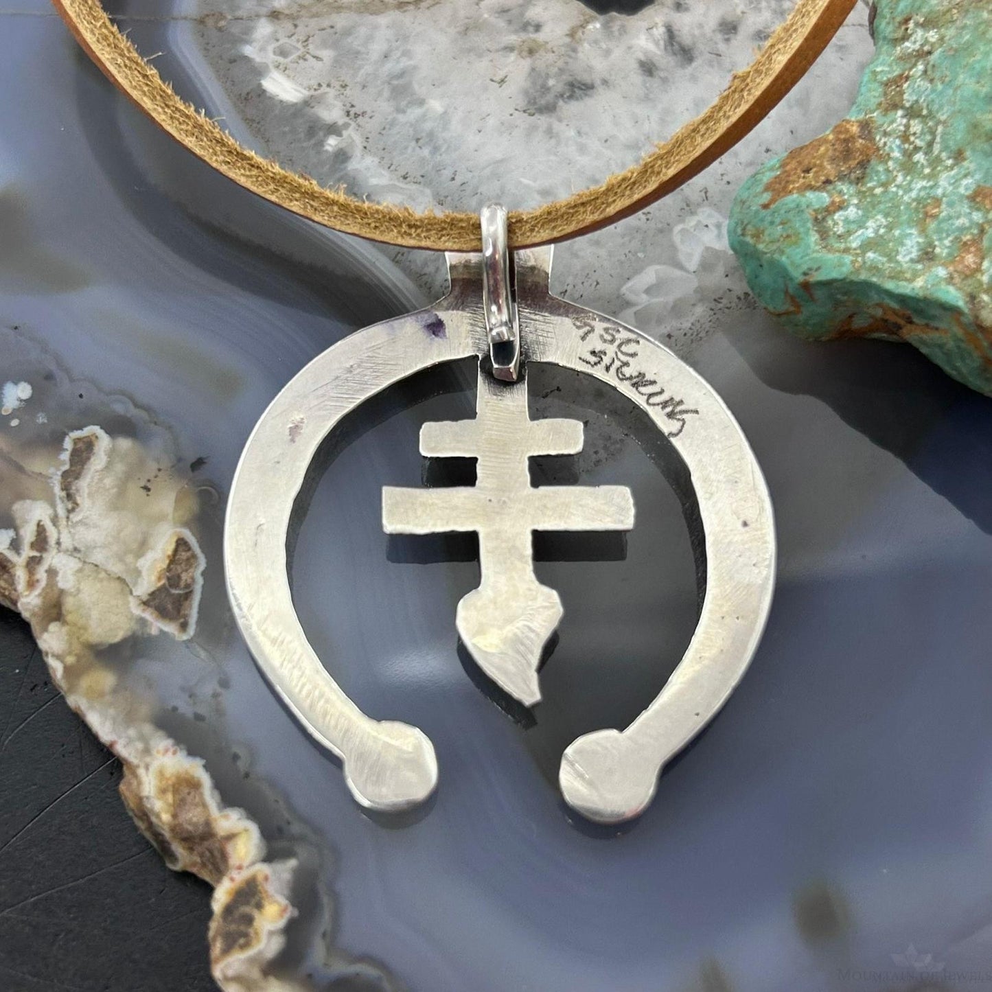 Gary Custer Sterling Silver Tufa Cast Cross Naja Unisex Pendant w/Leather Cord